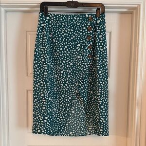 Teal Printed Button-Accent Midi Skirt